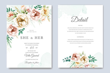 Fototapeta na wymiar wedding invitation design with watercolor floral and leaves