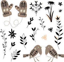 Set of winter elements on a white background. Scandinavian style for decoration of fabric, paper and cards. Vector christmas illustration.