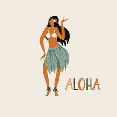 Hawaiian girl is dancing hula in traditional clothes