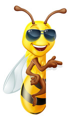 A cool bumble bee cartoon character in sunglasses or shades peeking around a sign and pointing