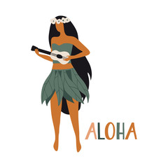 Hawaiian girl is dancing hula and playing ukulele