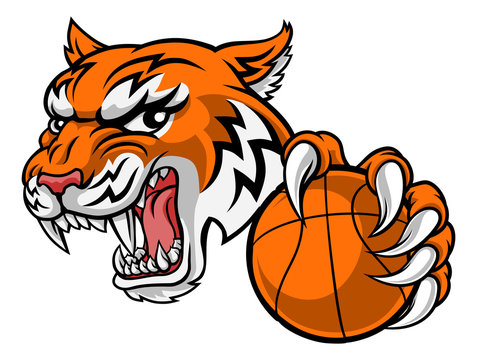 A tiger basketball player cartoon animal sports mascot holding a ball in its claw