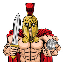 A Spartan or Trojan warrior Golf sports mascot holding a ball