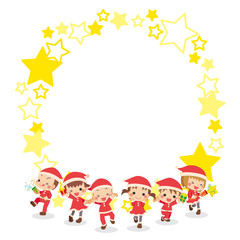 Obraz na płótnie Canvas クリスマスを楽しむサンタコスチュームのキッズ【星柄のフレーム】