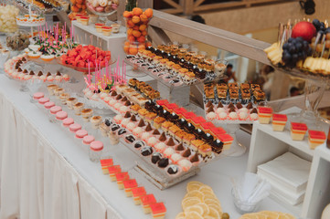 desserts with fruits, mousse, biscuits. Different types of sweet pastries, small colorful sweet cakes, macaron, and other desserts in the sweet buffet