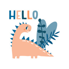Hello. Lovely vector illustration with funny dinosaur and plants