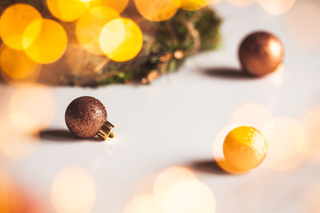 Fototapeta premium Christmas decorations for mood, toys, Christmas tree twig, lights. New Year