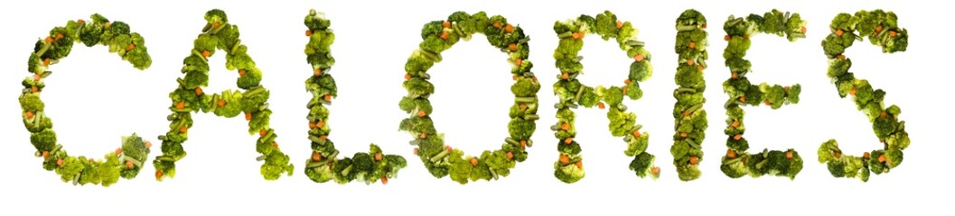 CALORIES. Healthy lifestyle and nutrition. English alphabet. Text from the products. Broccoli, asparagus, carrots. Designer font. Vegetable Font.