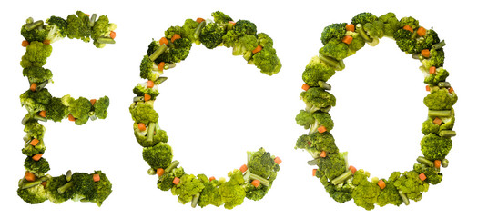 Eco. Healthy lifestyle and nutrition. English alphabet. Text from the products. Broccoli, asparagus, carrots. Designer font. Vegetable Font.