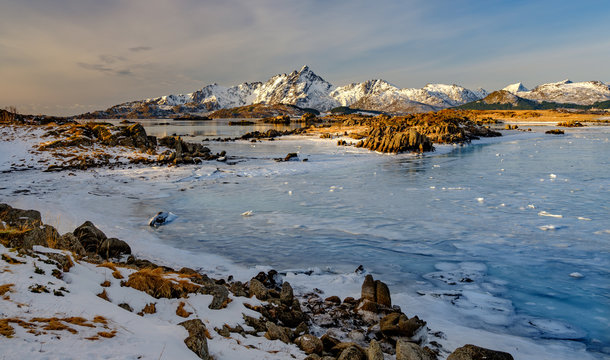 Frozen lake and landscape at Leknes Lofoten
