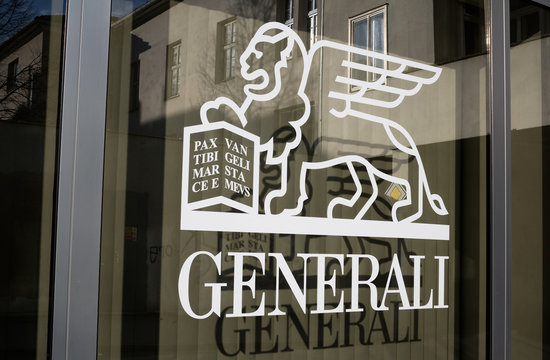 GENERALI, OPAVA, CZECH REPUBLIC / CZECHIA - JANUARY 4, 2018: Symbol of insurance company on the window