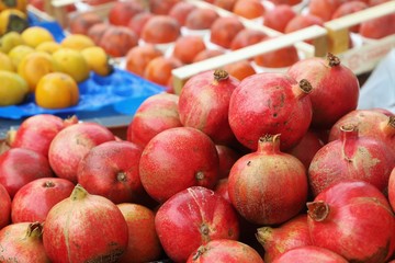 closeup of pomegranates with persimmons casserole background on display at the market