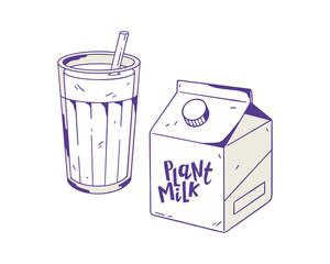 Plant milk. Healthy alternative to dairy. Hand drawn image isolated on a white background. Vector illustration.