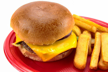 burger with beef and fries on a white background
