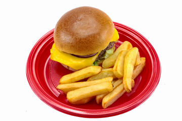burger with beef and fries on a white background
