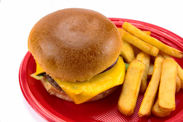 burger with beef and fries on a white background