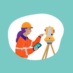 Fototapeta premium Surveyor woman working with theodolite outdoor. Engineer girl with surveyor equipment. Smiling worker cartoon flat character. Vector illustration isolated on white with blue background.