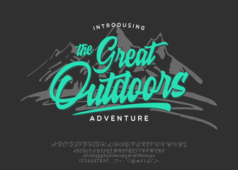 Great Outdoors. Original font and logo. Print on shirt or sticker. Retro and vintage style. Classic print. Hipster style. Vector font.