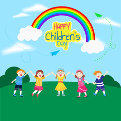 Obraz na płótnie Canvas Group of cute boy and girl character in different activity and rainbow on sky background for Happy Children's Day celebration.
