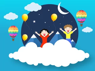 Foto op Plexiglas Enjoying little boy and girl character with mountains and balloons on half moon night background for Happy Children's Day celebration. © Abdul Qaiyoom