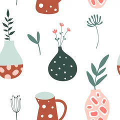 Wallpaper murals Plants in pots Seamless pattern with flower pots, vases and plants