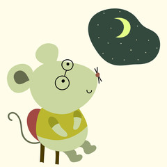 Cute little mouse in glasses is looking up at the stars and moon in the sky. Cute hand drawn  vector  print for nursery,  apparel, poster, postcard and child's room, t-short and ect.