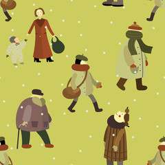 Winter  seamless pattern with walking people at Cristmass time. Christmas and  New Year mood. Vector background for textiles, wallpapers, designer paper, etc