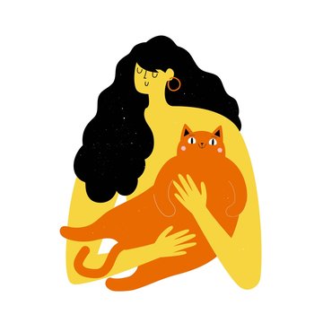 recommend clip art: Vector illustration with long hair woman and fat ginger cat.