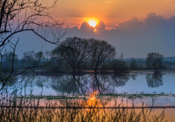 Beautiful sunset or sunrise. Evening on the lake. Ukraine nature.
