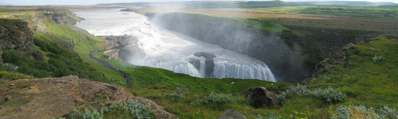 Panoramic view of Gullfoss waterfall (Iceland). Stitched Panorama
