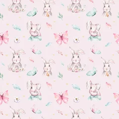 Wallpaper murals Rabbit Hand drawing easter watercolor cartoon bunnies with leaves, branches and feathers. indigo Watercolour rabbit holiday illustration in vintage boho style. bunny card.