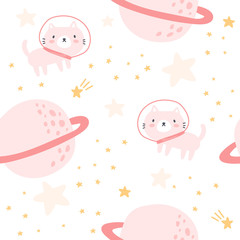 Hand drawn cat and space seamless background repeating pattern, wallpaper background, cute seamless pattern background