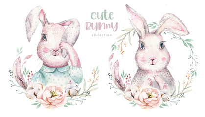 Hand drawing easter watercolor cartoon bunnies with leaves, branches and feathers. indigo Watercolour rabbit holiday illustration in vintage boho style. bunny card.