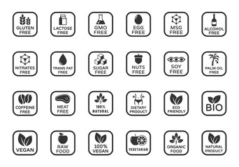 Allergen ingredients vector icons. Product free allergen ingredient symbols. No lactose, gluten, soy, sugar, gmo, trans fat. Organic, bio, vegan icons. Food intolerance stock vector illustration