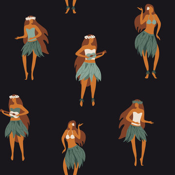 Seamless pattern with Hawaiian girls are dancing hula
