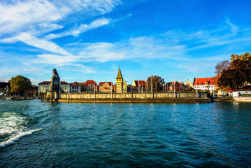 Colorful buildings and harbor in Lindau, lake Constance.