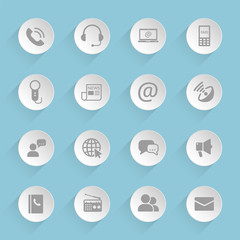 Communication vector icons on round puffy paper circles with transparent shadows on blue background. Stock vector icons for web, mobile and user interface design