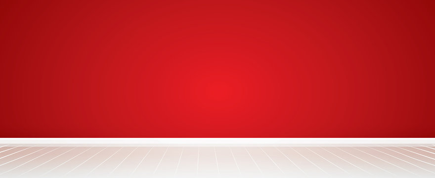 Red highlighted wall background and white wooden floor with copy space for text. abstract interior background