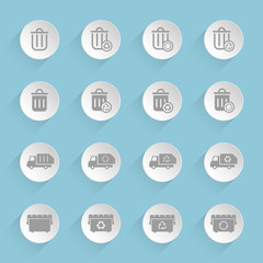 Garbage removal vector icons on round puffy paper circles with transparent shadows on blue background. Stock vector icons for web, mobile and user interface design