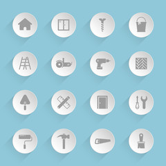 Home repair vector icons on round puffy paper circles with transparent shadows on blue background. Stock vector icons for web, mobile and user interface design