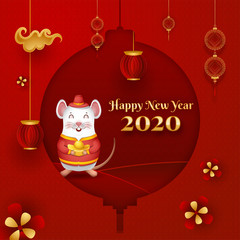 Fototapeta na wymiar Paper cut style greeting card design with cartoon rat holding ingot, hanging lanterns and flowers on red sacred geometric pattern background for Happy Chinese New Year 2020 celebration.