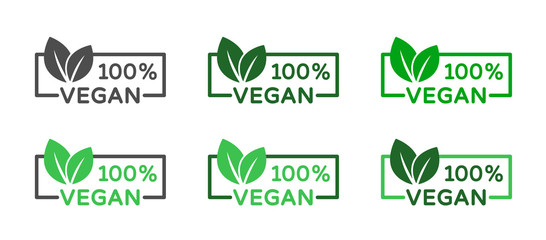 100% vegan vector icons. Organic, bio, eco symbols. Vegan, no meat, lactose free, healthy, fresh and nonviolent food. Rectangular green vector illustrations with leaves for printing on food packaging