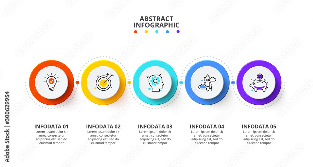 Poster five circles connected by a line. timeline concept infographic with 5 options