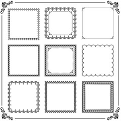Vintage set of elements. Different square elements for decoration and design frames, cards, menus, backgrounds and monograms. Classic patterns. Set of vintage black patterns