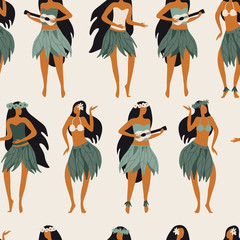 Seamless pattern with Hawaiian girls are dancing hula - obrazy, fototapety, plakaty