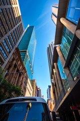 Vertical perspective view on Pitt Street in Sydney City CBD in Australia.