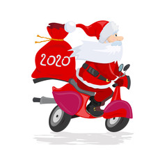 A modern Santa Claus rides a red scooter with a bag of gifts and numbers 2020.