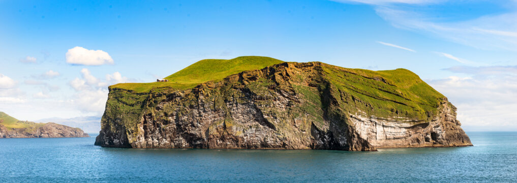 Panoramic view of the Bjarnarey island, a part of the Westman island, Iceland.