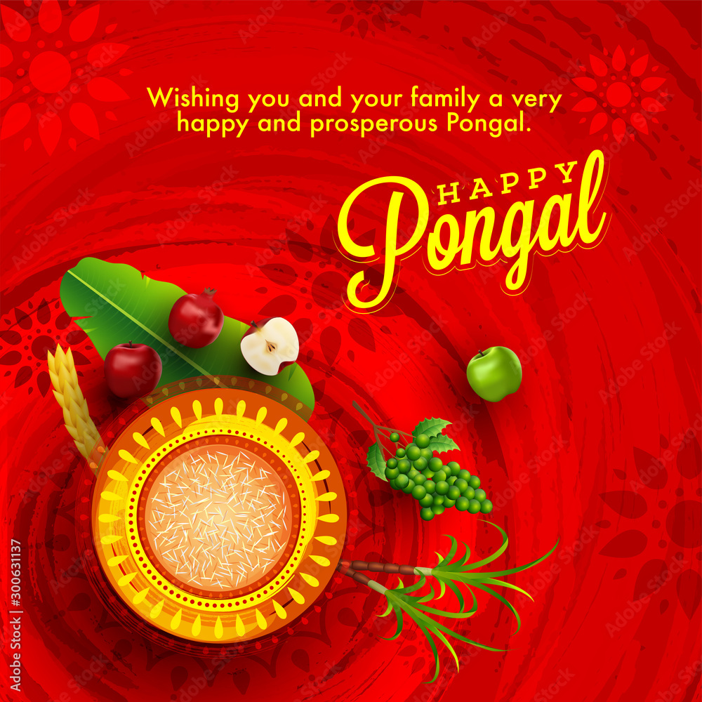 Sticker Happy Pongal wishing or greeting card design with top view of mud pot full of rice, sugarcane, banana leaf and fruits on red grunge background.