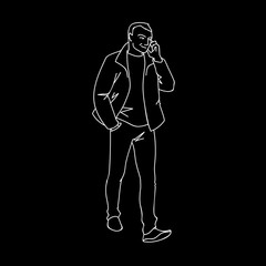Man taking a walk and talking on the phone. Front view. Monochrome vector illustration of adult man in jacket walking in simple line art style. White lines isolated on black background. Concept